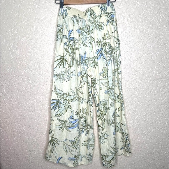 🩷Tahari Womens 100% linen flare pants coastal floral print Small beige color - Picture 2 of 6